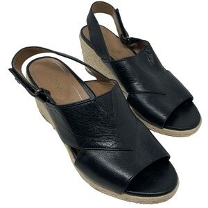 Vionic “Tulum Zamar” Black Leather Wedge Espadrille Sandals Women’s Size 9
